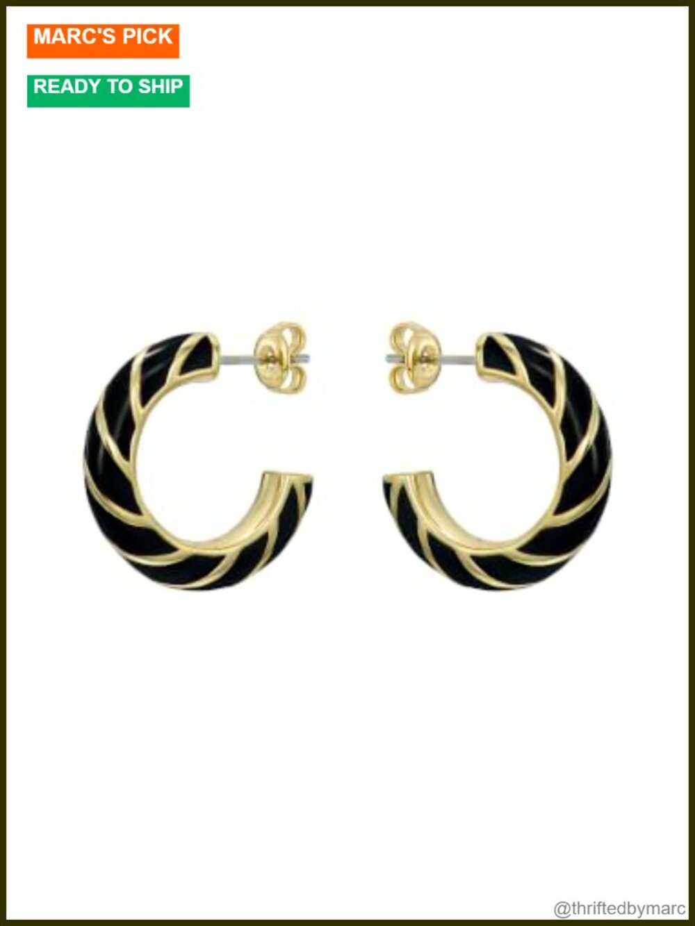 Gold Tone Plated Brass Twist Enamel Hoop Earrings Surgical Steel Posts